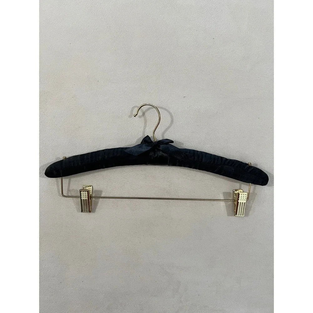 Vintage Style Black Satin Padded Hanger with Gold Clips and Bow Detail